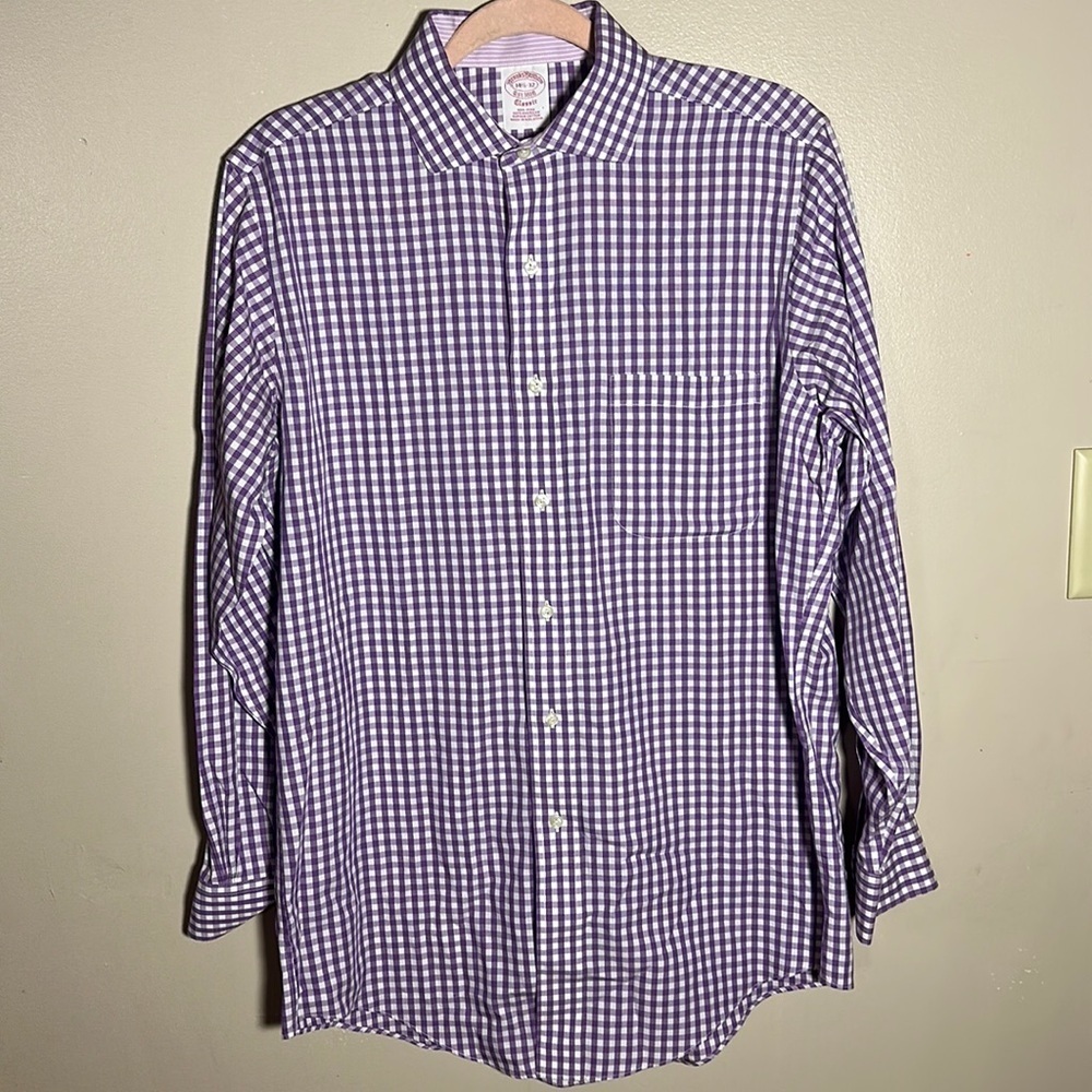 Brooks Brothers Non Iron Classic Supima Cotton Purple White Plaid Shirt | 14 1/2